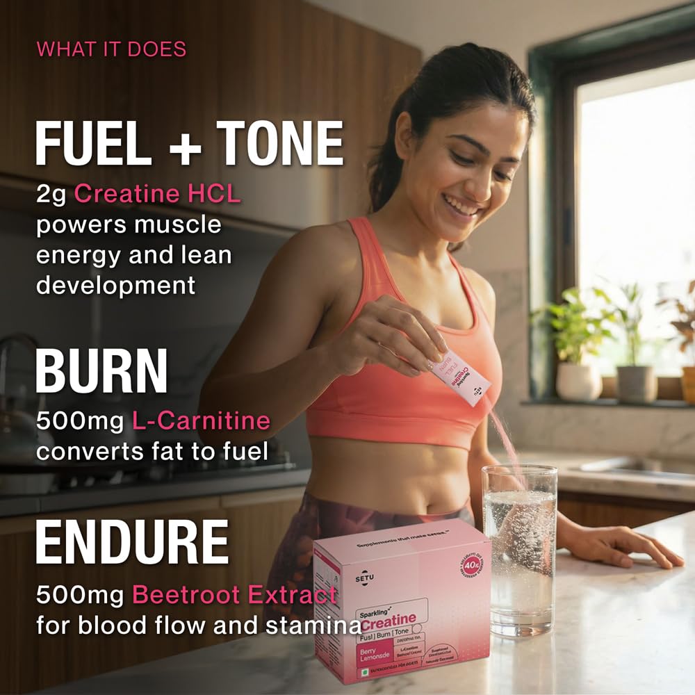 Setu Sparkling Creatine HCL | Effervescent Powder | With L-Carnitine & Beetroot Extract | For Lean Muscles, Stamina & Recovery | Berry Lemonade Flavor | 25 Servings