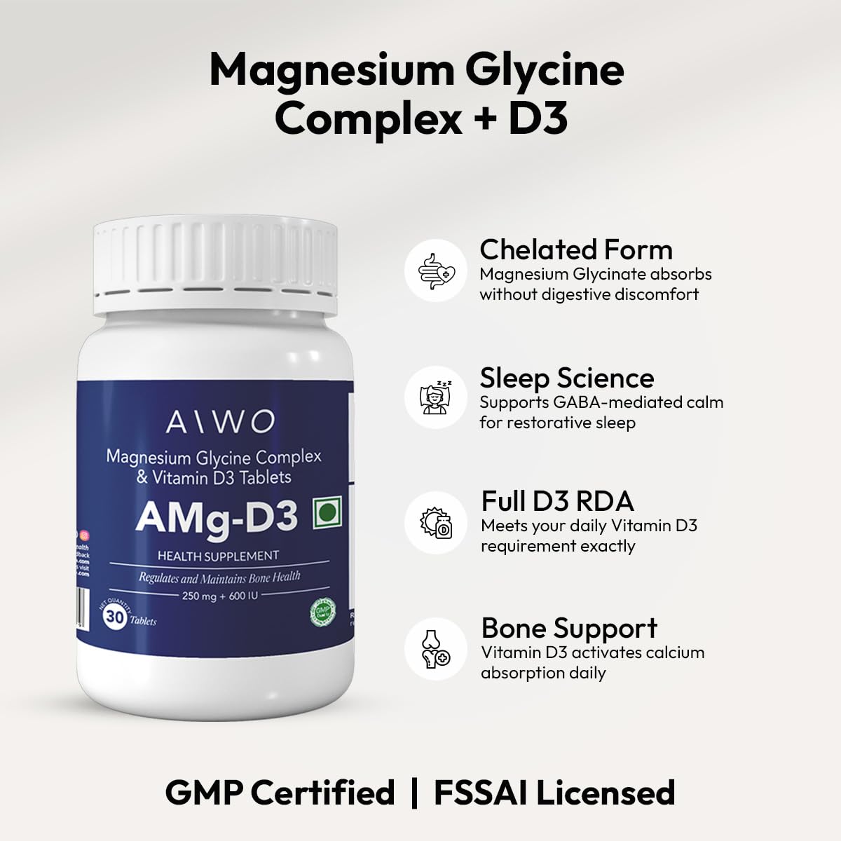 AIWO AMg-D3 Magnesium Glycinate 250 mg + Vitamin D3 600 IU Tablets | Supports Brain, Muscle, Bone & Overall Wellness | Vegetarian Supplement for Men & Women | Daily Use Formula | 30 Tablets