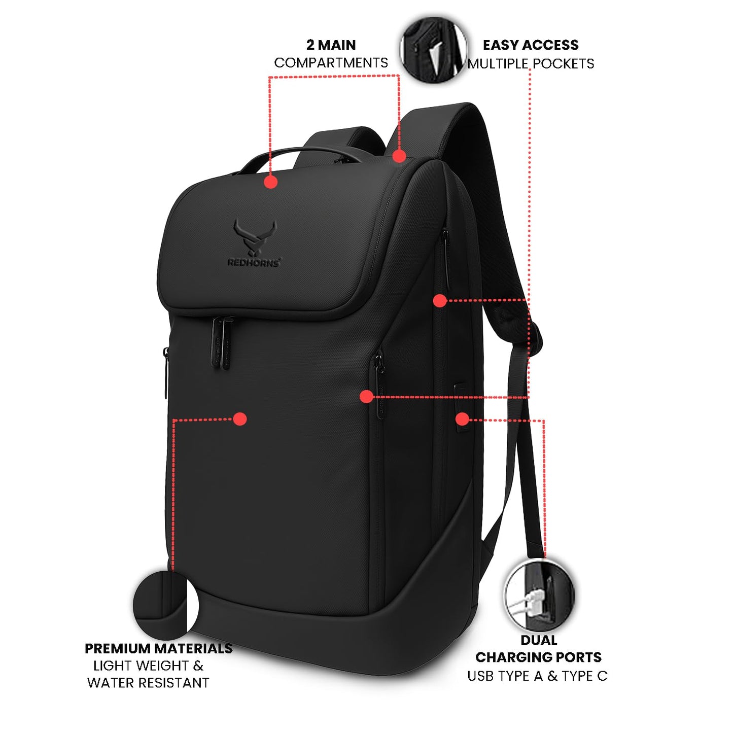REDHORNS Velocity 15.6” Unisex Laptop Bag Anti-Theft, Water-Resistant 27L with USB Charging and 3 digit lock for College, Travel, School Backpack Men & Women
