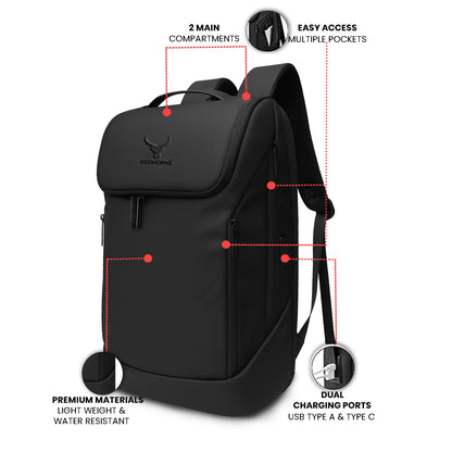 REDHORNS Velocity 15.6” Unisex Laptop Bag Anti-Theft, Water-Resistant 27L with USB Charging and 3 digit lock for College, Travel, School Backpack Men & Women