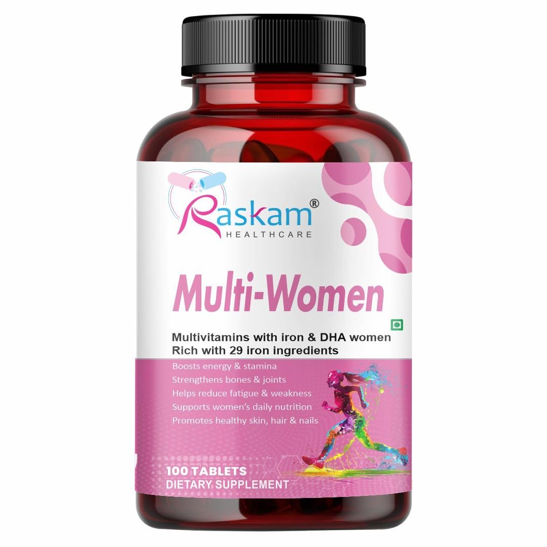 Raskam Multiwomen One Daily Multivitamin for WOMEN| 100 Tablets | 27 Premium Ingredients | Promotes Women's Well-Being | Supports Muscle Function | Boosts Immunity | Improves Memory & Focus