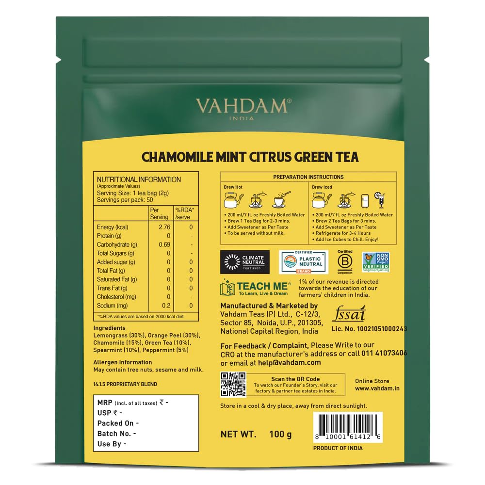 VAHDAM, Chamomile Mint Citrus Green Tea Bags (50 Count) | Sweet & Floral |Low Caffeine, Non-GMO, Gluten Free | Resealable Ziplock Pouch | Chamomile, Mint Tea Bags