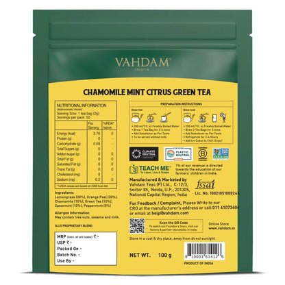 VAHDAM, Chamomile Mint Citrus Green Tea Bags (50 Count) | Sweet & Floral |Low Caffeine, Non-GMO, Gluten Free | Resealable Ziplock Pouch | Chamomile, Mint Tea Bags