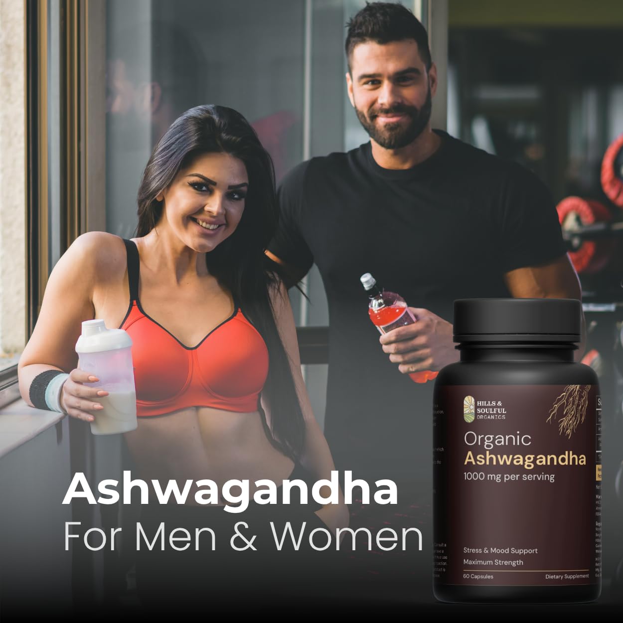 Hills and Soulful Organics Ashwagandha Capsules 1000mg per Serving | High Strength Ashwagandha Root Powder Supplement | Supports Stress Management, Energy & Stamina | Adaptogen for Men & Women | 60 Veg Capsules