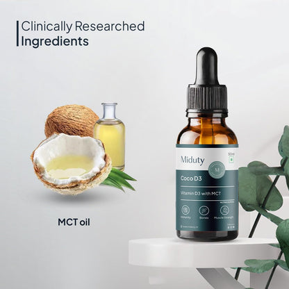 Miduty Coco D3 + K2 Vitamin D3 Oral Solution 600 IU | Cholecalciferol Drops with MK-7 | Supports Strong Bones, Muscles, Joints & Immunity | Enhances Calcium Absorption | 30 ml