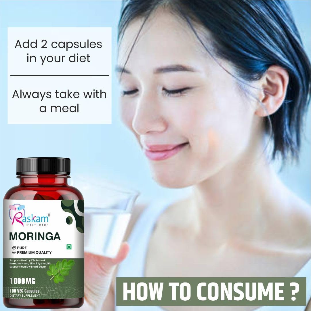 Raskam Moringa Capsules Organic (100 Capsules) 1000mg Green Superfood Moringa Oleifera Leaf Powder Capsules - Immunity & Metabolism Booster Nutritional Rich Supplement
