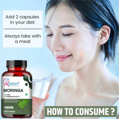 Raskam Moringa Capsules Organic (100 Capsules) 1000mg Green Superfood Moringa Oleifera Leaf Powder Capsules - Immunity & Metabolism Booster Nutritional Rich Supplement