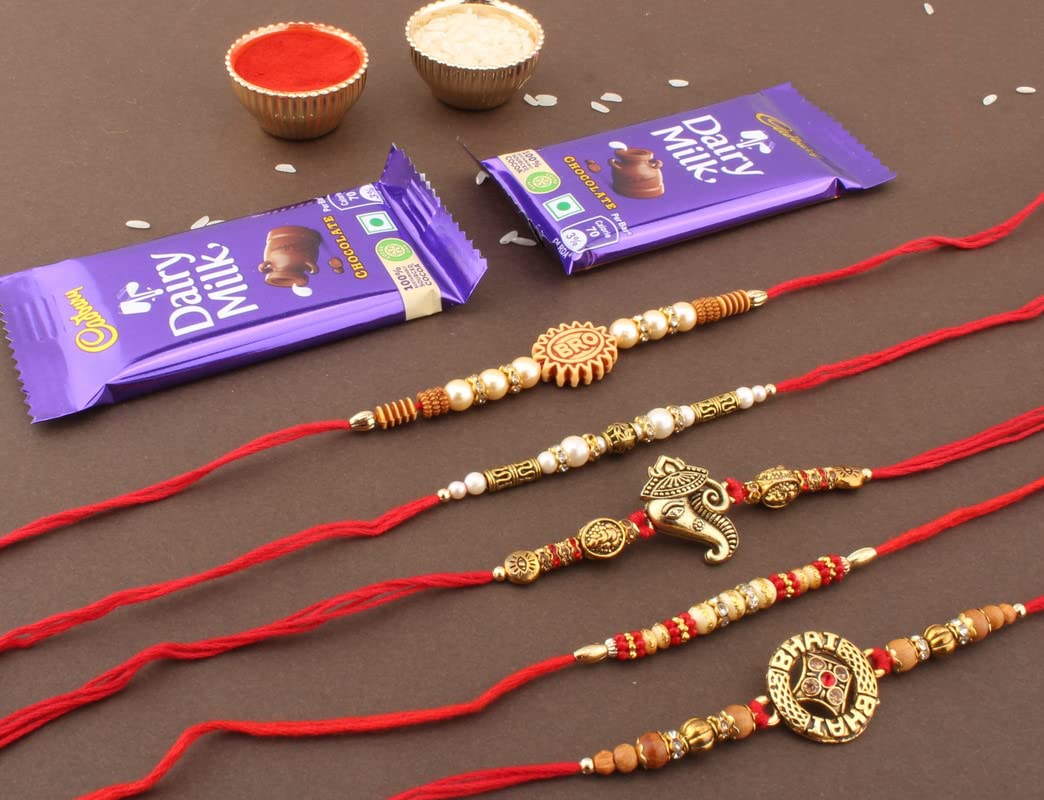 SFU E Com Premium Set Of 5 Rakhi Set With Cadbury Creamy Chocolates|Rakhi Chocolate Gift For Brother|Roli, Chawal, Chandan, Misri|012,35 Grams