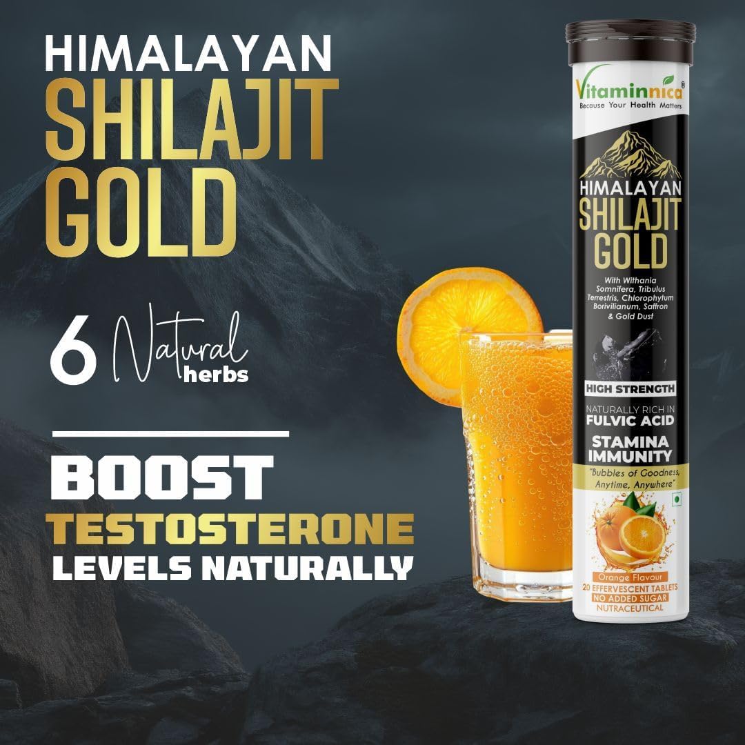 Vitaminnica Himalayan Shilajit Gold Effervescent Tablets, Orange Flavour, High Strength Fulvic Acid, Stamina & Immunity Support, 20 Count (Pack of 2)
