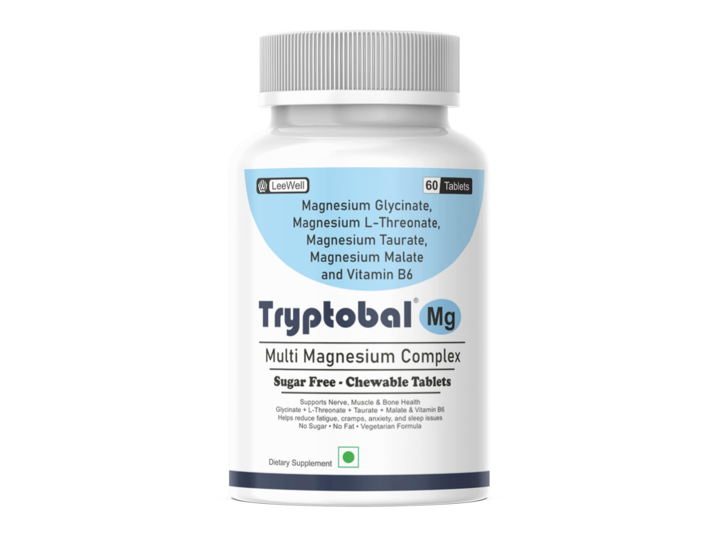 Tryptobal -Mg Multi Magnesium Complex (Magnesium L threonate, Magnesium Glycinate, Magnesium Taurate, Magnesium Malate) with Vitamin B6 for Nerve, Muscle, Bone Health -60 Sugar-Free Chewable Tablets