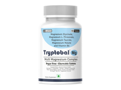 Tryptobal -Mg Multi Magnesium Complex (Magnesium L threonate, Magnesium Glycinate, Magnesium Taurate, Magnesium Malate) with Vitamin B6 for Nerve, Muscle, Bone Health -60 Sugar-Free Chewable Tablets