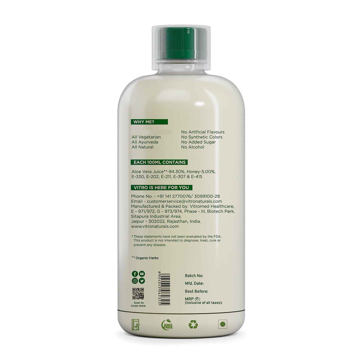Vitro Aloe Vera Juice 1L | Supports Skin Glow, Digestion & Weight Management | Traditional Recipe for Constipation & Immunity | No Added Sugar