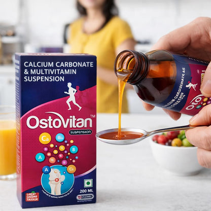 Ostovitan Calcium Carbonate & Multivitamin Suspension 200ml | With Vitamin D3, B12, A, C & E | Bone Health & Immunity Support | Health Supplement for Men & Women