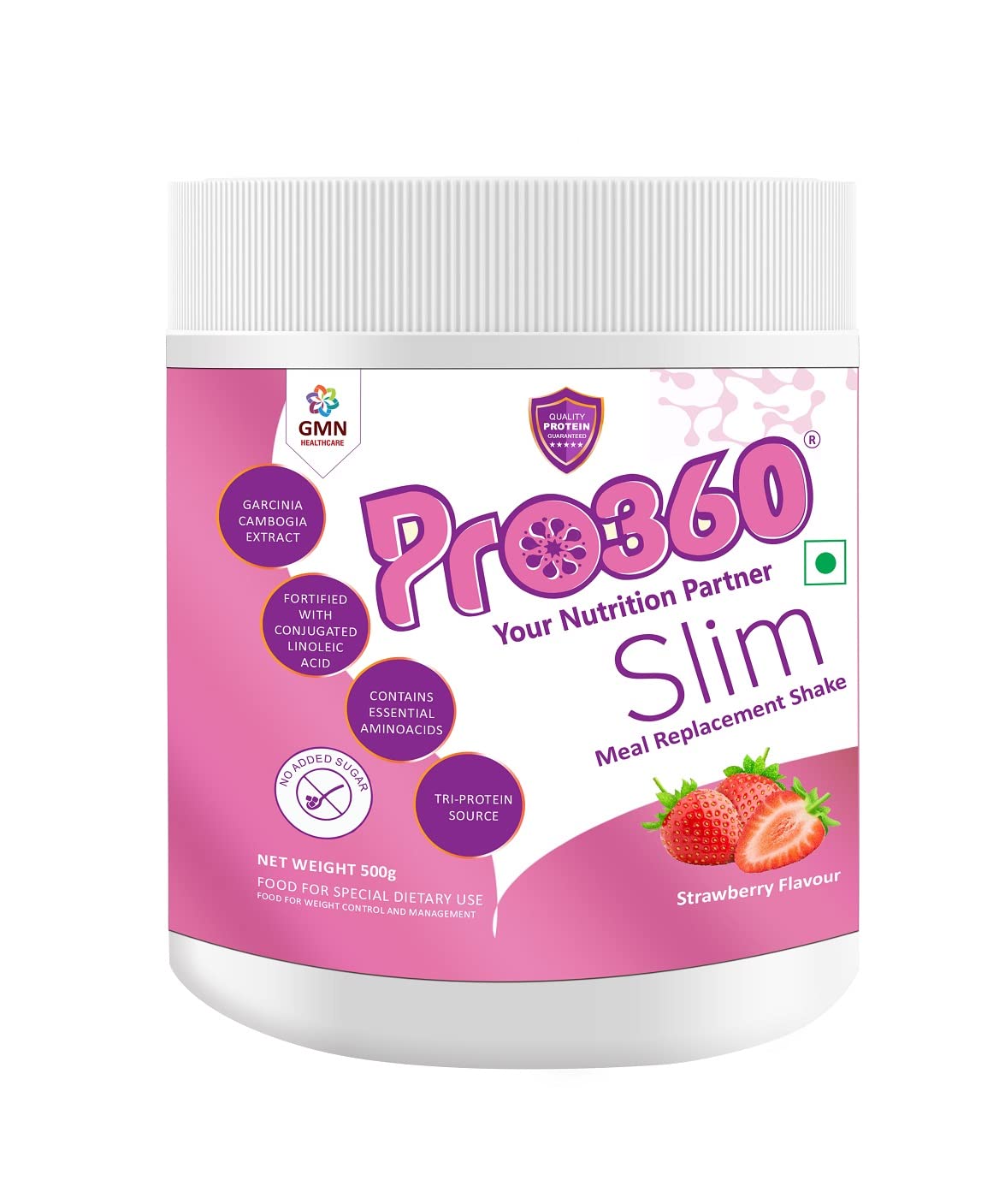 Pro360 Slim Weight Management Meal Replacement Protein Shake (Strawberry Flavour) No Added Sugar, Dietary Supplement For Men & Women, 500Gm