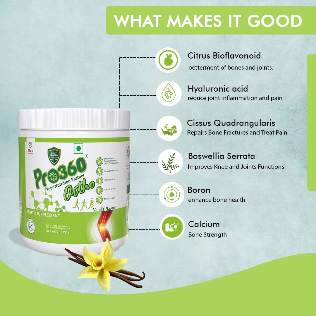 Pro360 Ortho Bone and Joint Protein Supplement Powder for Orthopedic Care with Natural Herbal Extracts, Diabetic Friendly - Vanilla Flavour, 250+250g Pack of 2