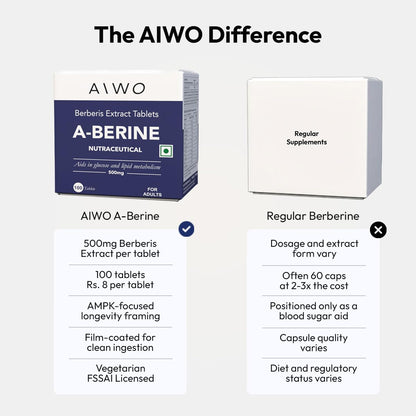 AIWO A-BERINE 500 mg Tablets | Plant-Based Berberine Extract (10%) | Supports Metabolic & Daily Wellness | Vegetarian Supplement for Men & Women | Daily Use Formula | 100 Tablets Pack