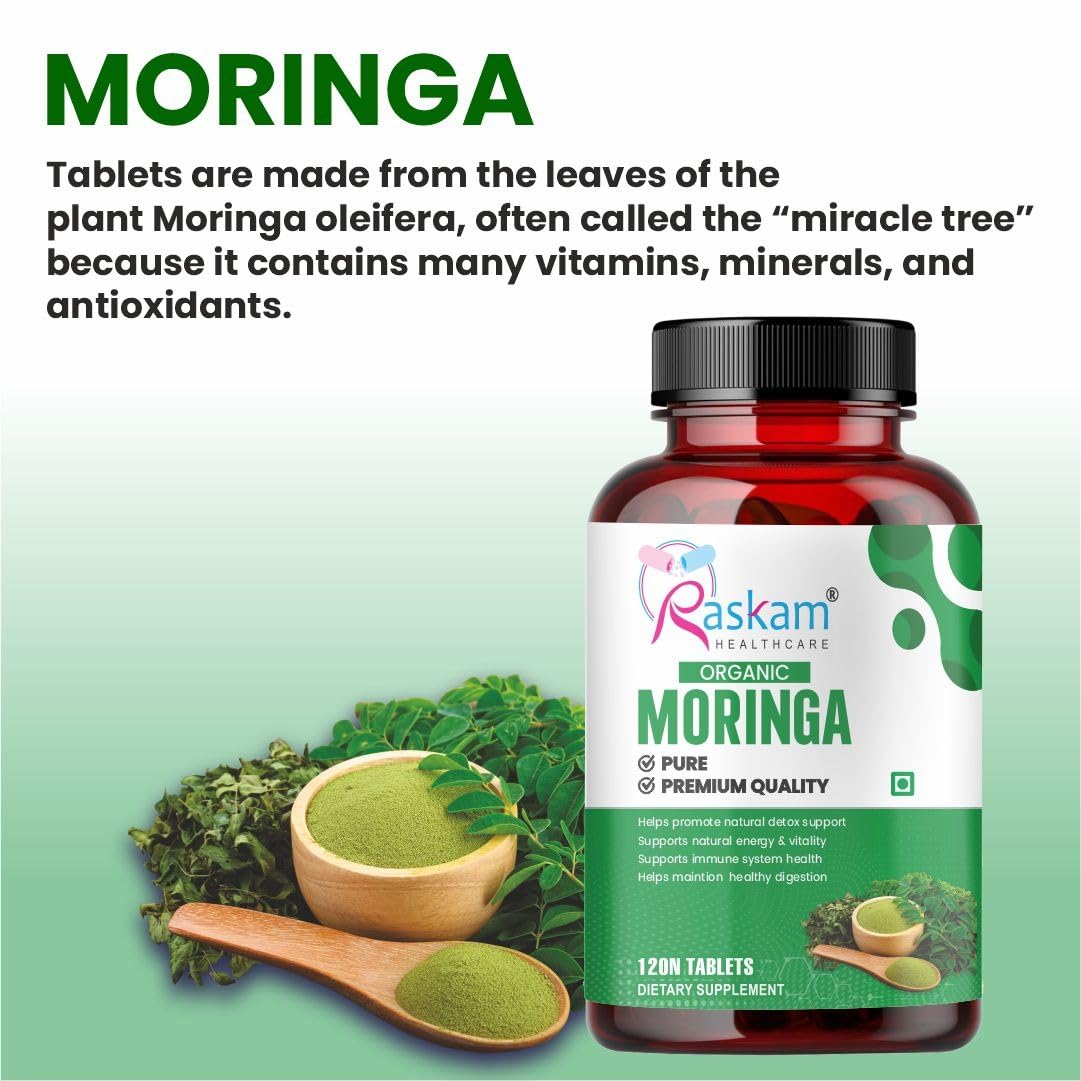Raskam Organic Moringa Tablet with 1200mg Leaves Extract | Powder Tablets for Immunity, Digestion & Energy | Organic Leaves 120 Tablets