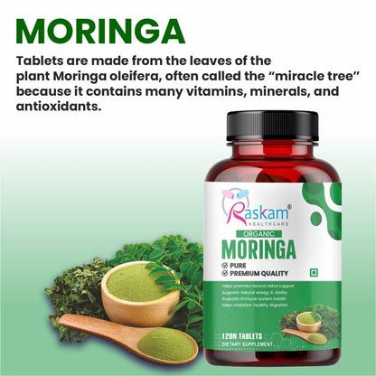 Raskam Organic Moringa Tablet with 1200mg Leaves Extract | Powder Tablets for Immunity, Digestion & Energy | Organic Leaves 120 Tablets