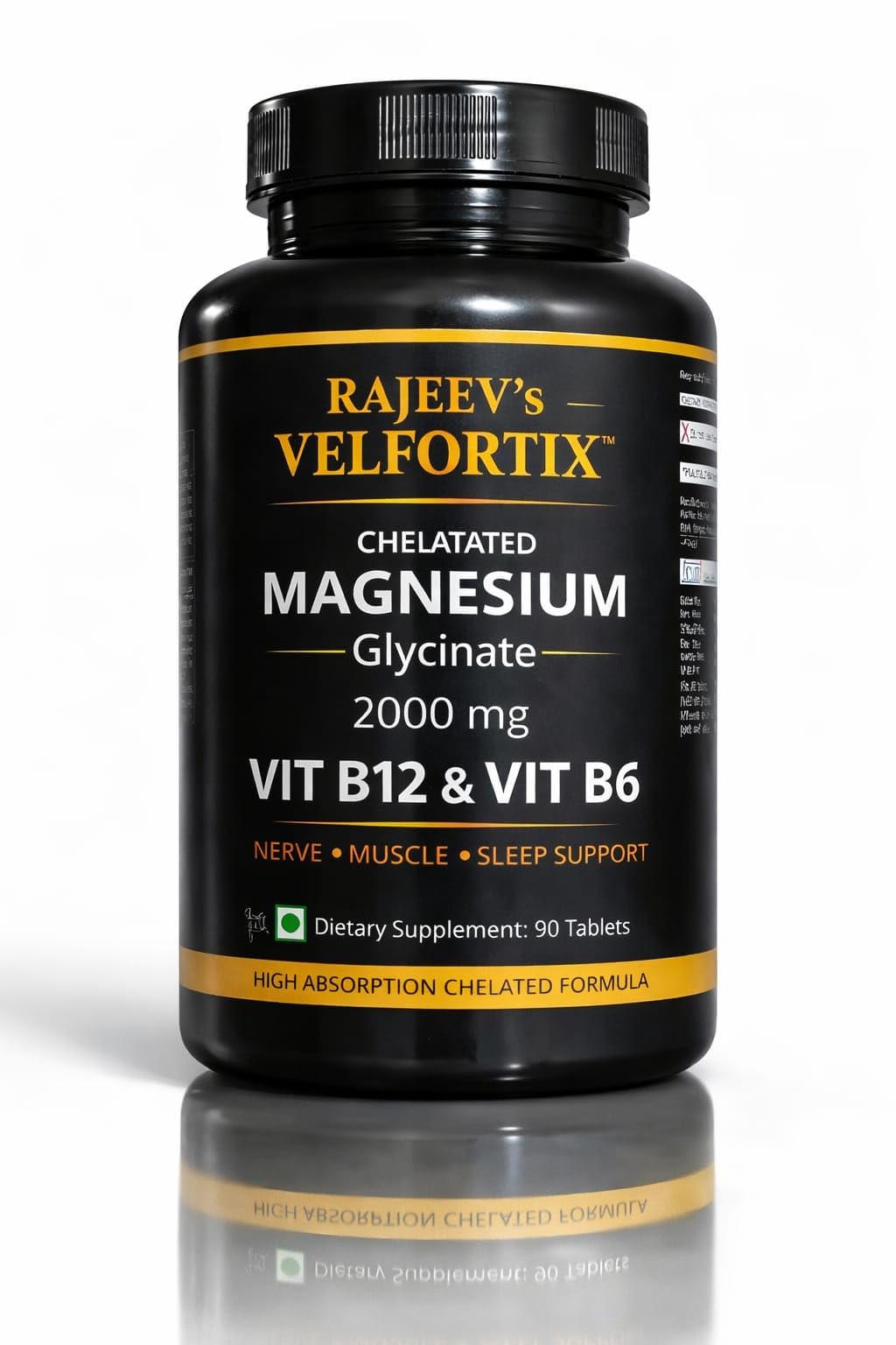Rajeev’s Velfortix Chelated Magnesium Glycinate 2000 mg with Vitamin B12 & B6 | High Absorption Formula | Nerve, Muscle & Sleep Support | 90 Tablets