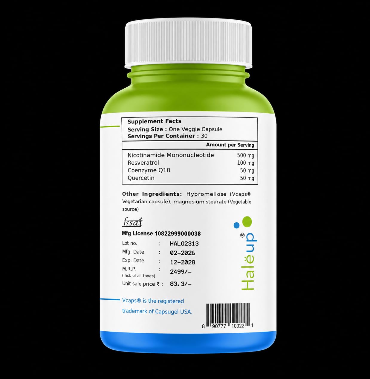 Haleup Usa Nmn 500mg 3-In-1 Formula, Enriched With Resveratrol, Quercetin And Coq10 – 30 Capsules
