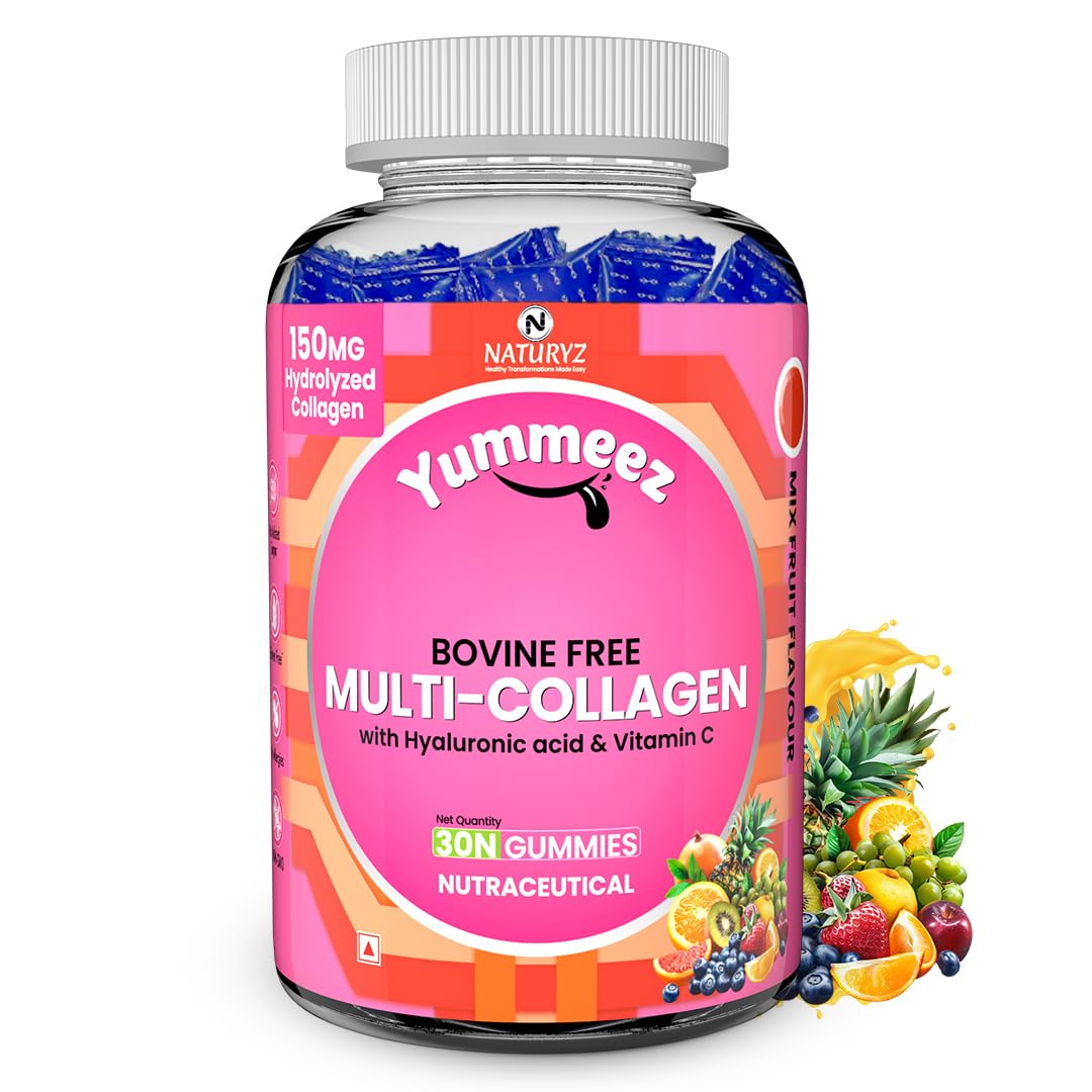 Naturyz Bovine Free Multi Collagen Gummies for Skin Health | Hyaluronic Acid, Vitamin C, Vitamin E & Biotin | Skin Elasticity, Hydration & Glow Supplement | Hydrolyzed Peptides with Type I, II, III, V & X | Easy-to-Absorb Gummy | No Added Sugar, Delicious