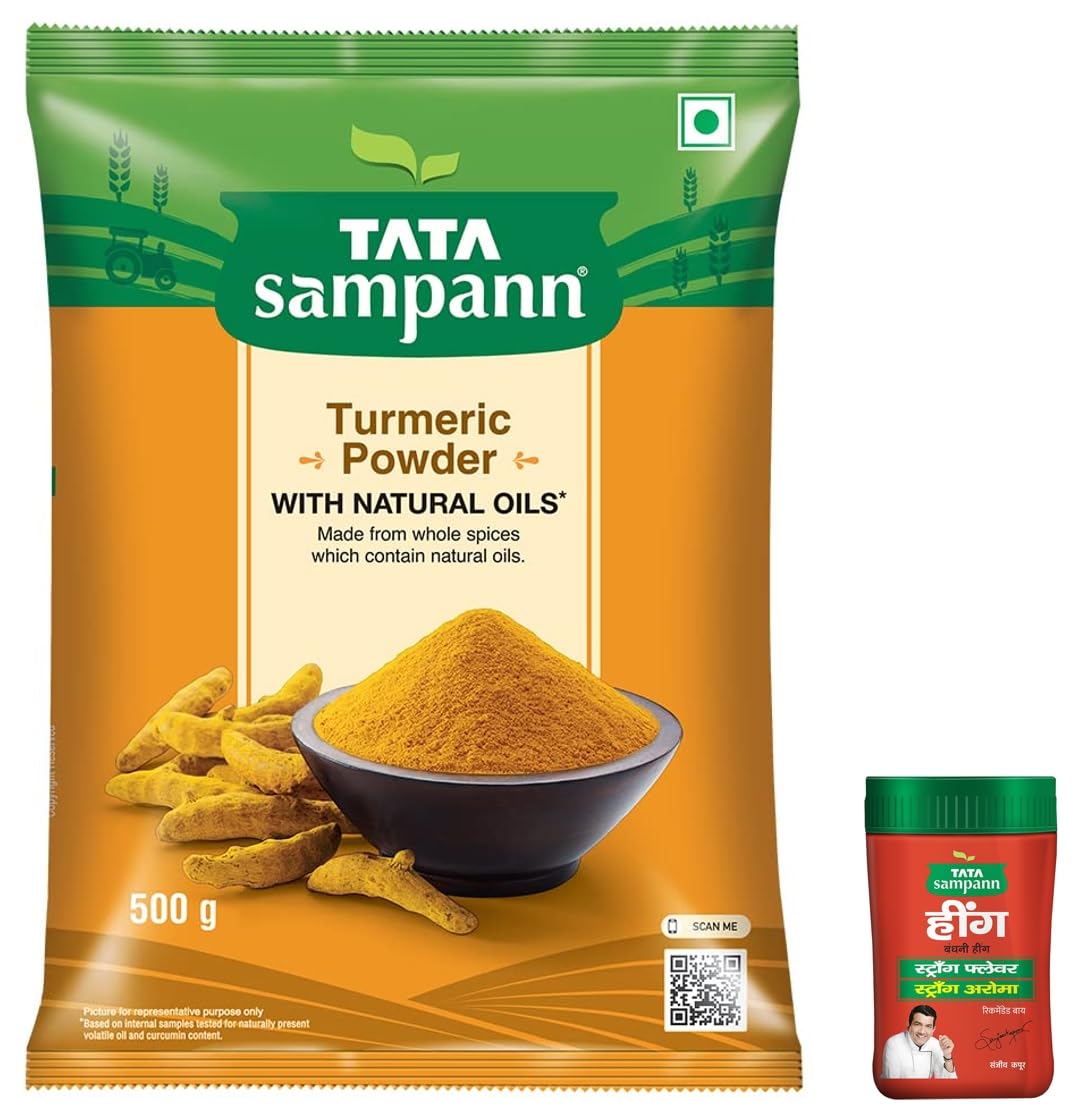 Tata Sampann Turmeric Powder With Natural Oils, 500g & Tata Sampann Hing (Bandhani Hing), Recommended by Chef Sanjeev Kapoor, Compounded Asafoetida, 50g