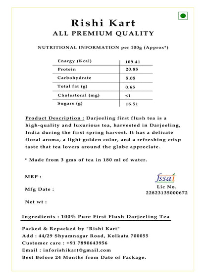 Rishi Kart Pure Darjeeling First Flush Whole Leaf Black Tea 100g Premium Tea