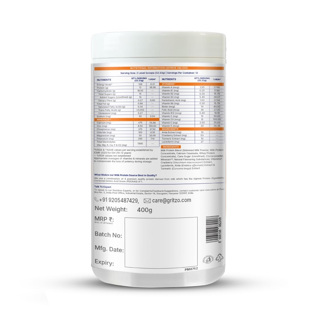 Gritzo SuperMilk Growth+ (Formerly Height+) (10-12y Girls), 12g Protein Powder (Double Chocolate, 400g) | Zero Refined Sugar, 20 Vitamins & Minerals