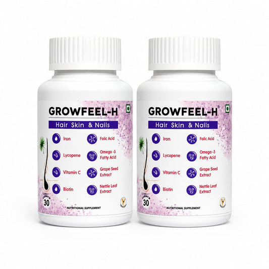 Growfeel-H Tablets for Hair, Skin & Nail Nutrition – 30 Tablets | With Biotin, Omega-3, Iron, Vitamin C, Grape Seed & Nettle Leaf Extract | Daily Wellness Supplement (Pack of 2)