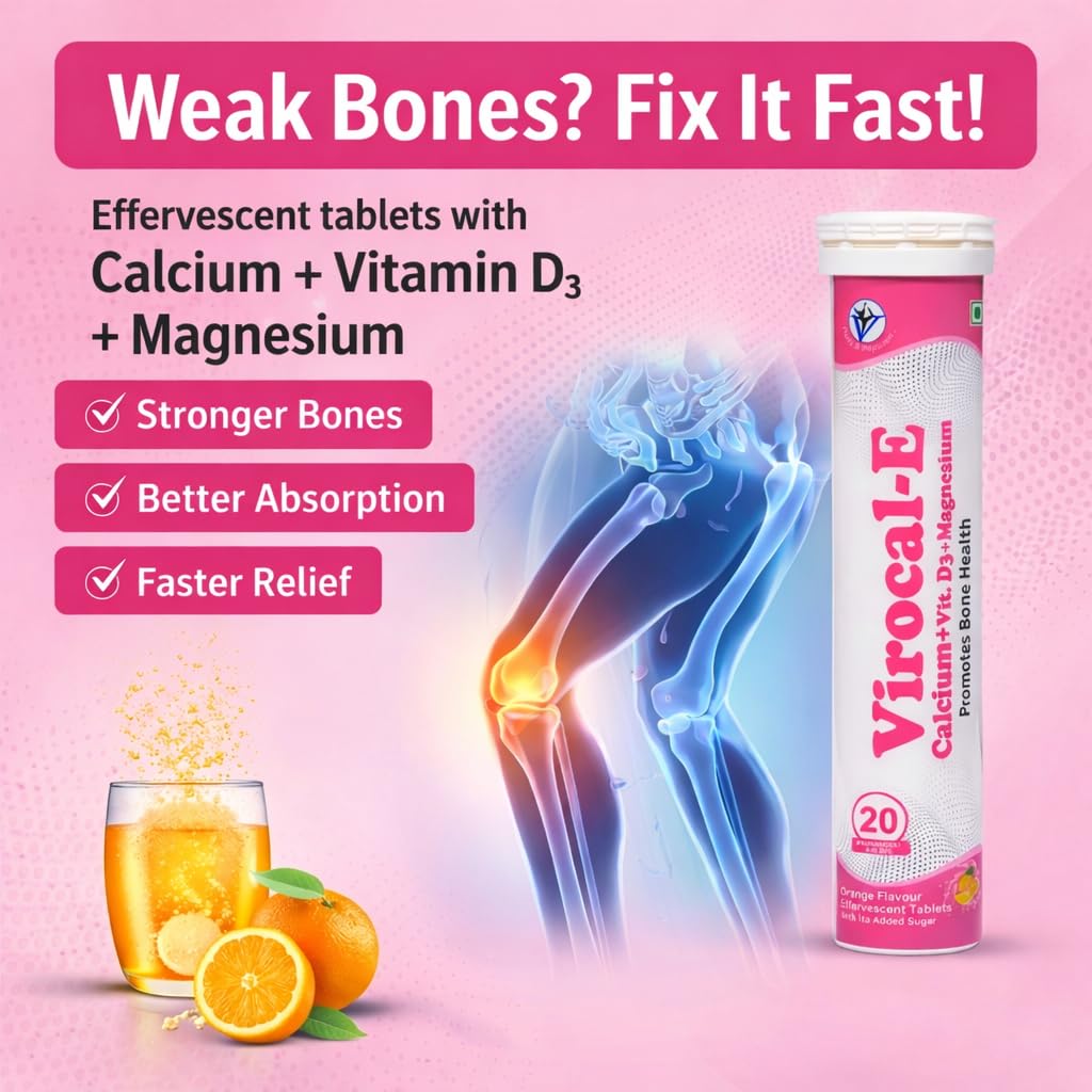 Virgo Healthcare Virocal-E Calcium + Vitamin D3 + Magnesium Effervescent Tablets | Orange Flavour | Bone Health Support | Muscle Strength & Immunity Support | 20 Effervescent Tablets
