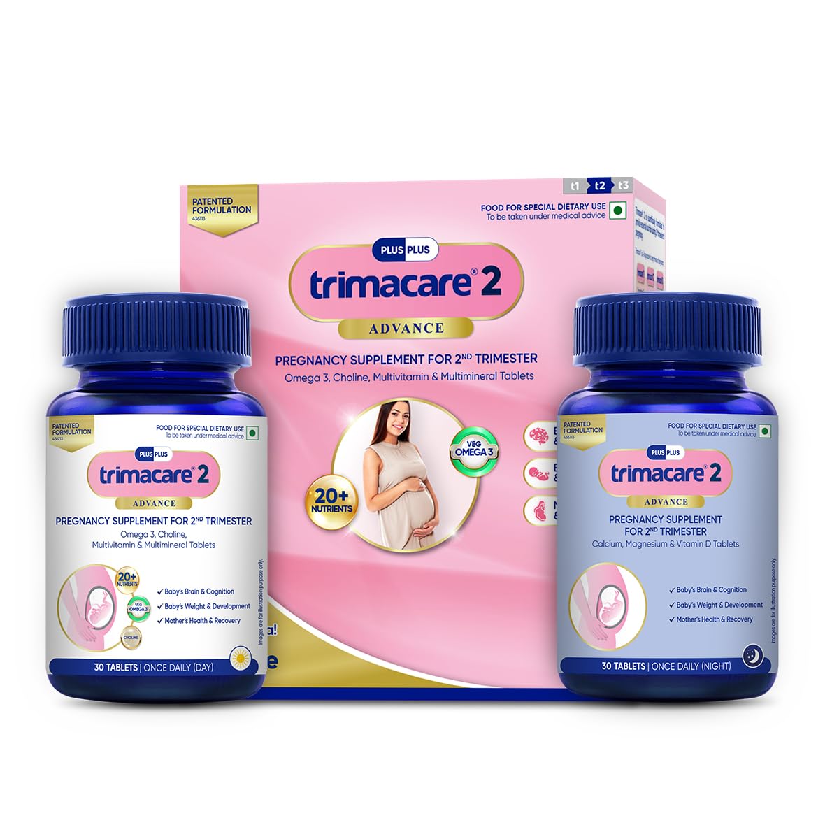 TRIMACARE™ 2 Advance | Prenatal Multivitamin For Pregnancy | For Second Trimester | Iron, Calcium, Veg DHA Omega-3, Vitamin C | No Gas & Bloating | Twice Daily | New Formula with Choline | 20+ essential nutrients (Pack of 1) | 60 X 1|