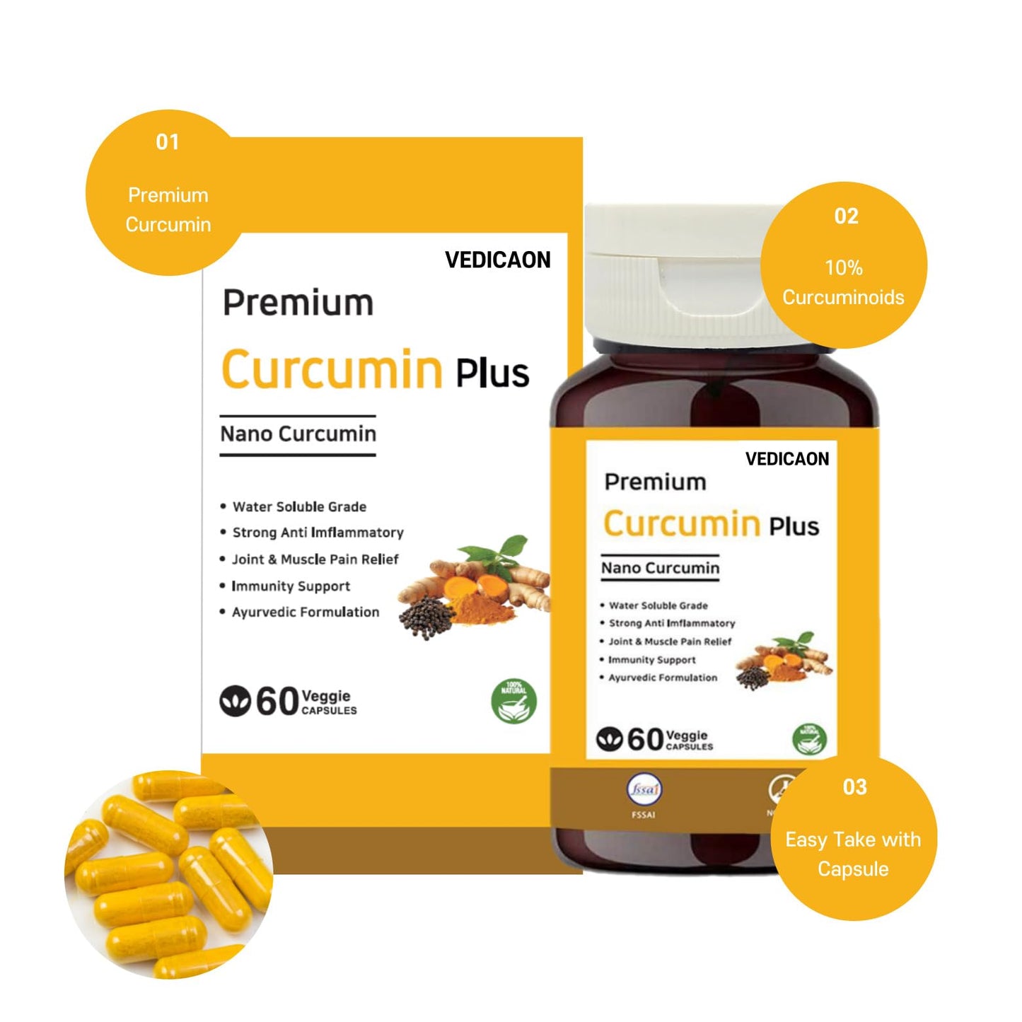Vedicaon Natural Curcumin Plus 500mg, Extra Pure Nano Curcumin capsules with Bioperine - 60 Veg Capsules