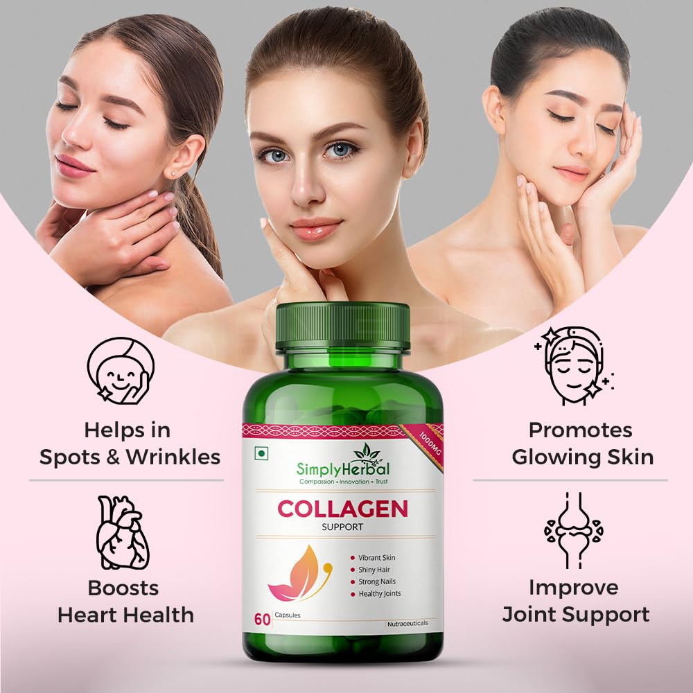 Simply Herbal Collagen Builder 1000mg with Biotin & Vitamin C for Hair, Skin, & Nails, Plant-Based Supplement Capsules for Women & Men, 60 Count