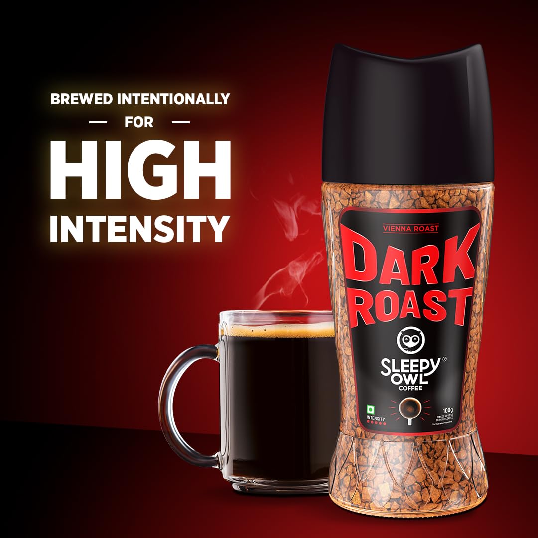 Sleepy Owl Dark Roast Coffee, 100% Pure Instant Coffee Powder 100g, Makes 50 Cups, Freeze-Dried for Freshness, Strong & Intense Coffee, Rich Café Taste, Have It Hot or Cold, Ready in Seconds