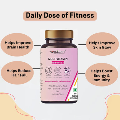 NUTRISROT̖ Complete Multivitamin Supplement For Women with Hyaluronic Acid, Vitamin A, B Complex, Vitamin B12, C, D3, K2-7, Biotin, Folate| Calcium, Magnesium, Iron, Zinc, Selenium| For Skin Glow, Immunity, Energy, Bone & Brain Health (60 tabs)