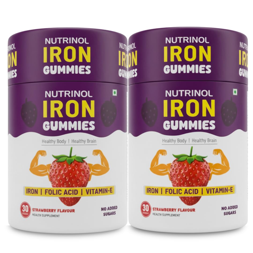 Knoll Healthcare Nutrinol Iron Gummies With Folic Acid & Vitamin E | Strawberry Flavour | No Sugar Added | 30 Gummies | Supports Hemoglobin, Energy & Immunity (Pack Of 2)