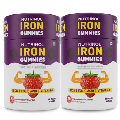 Knoll Healthcare Nutrinol Iron Gummies With Folic Acid & Vitamin E | Strawberry Flavour | No Sugar Added | 30 Gummies | Supports Hemoglobin, Energy & Immunity (Pack Of 2)