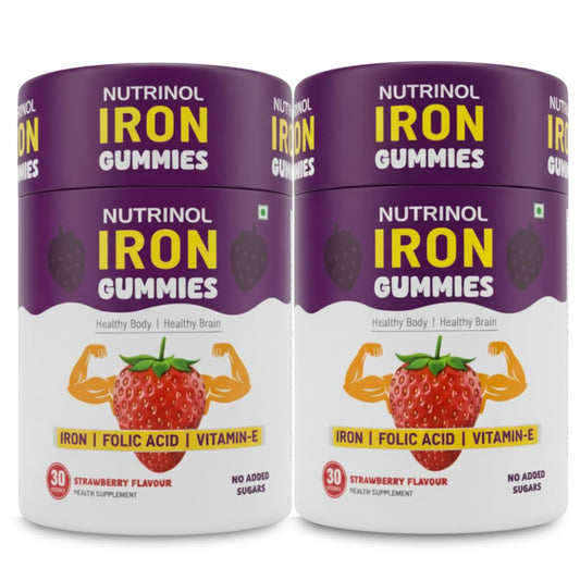 Knoll Healthcare Nutrinol Iron Gummies With Folic Acid & Vitamin E | Strawberry Flavour | No Sugar Added | 30 Gummies | Supports Hemoglobin, Energy & Immunity (Pack Of 2)