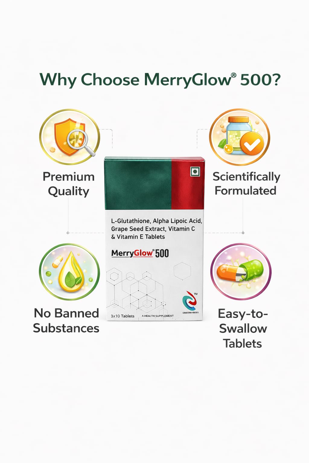 MerryGlow 500 Tablets with L-Glutathione, Alpha Lipoic Acid, Grape Seed Extract, Vitamin C & Vitamin E, 30 Tablets
