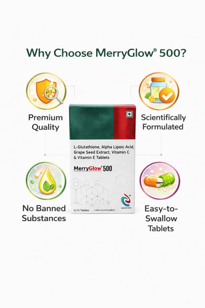 MerryGlow 500 Tablets with L-Glutathione, Alpha Lipoic Acid, Grape Seed Extract, Vitamin C & Vitamin E, 30 Tablets