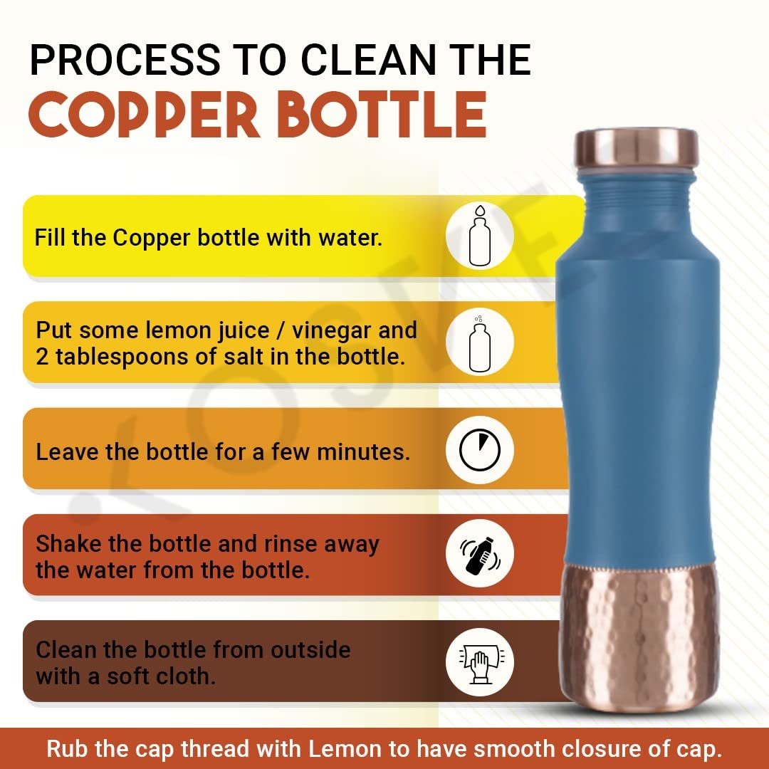 KOSVED Pure Copper Jasmine Dual Colour Tone Water Bottle: 100% Copper, Leak-proof, For Everyday Use, (800ml / 27oz)- Blue