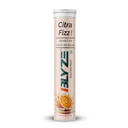 BLYZE Citra Fizz Vitamin C Effervescent Tablets with Natural Amla Extract and Zinc for Daily Immunity, Helps Boost and Strengthen Collagen for Healthy Skin, Hair and Nails – Orange Flavour, 20 Tablets