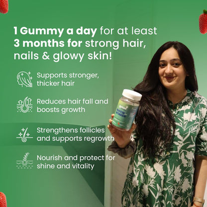 Gytree Biotin Gummies for Complete Hair, Skin & Nail Support | With Vital Nutrients, Inositol & Vitamin C, A, E, B6, Folate, Zinc | Strawberry Flavour | No Gelatin, No Soy, Lactose Free (90 gummies)
