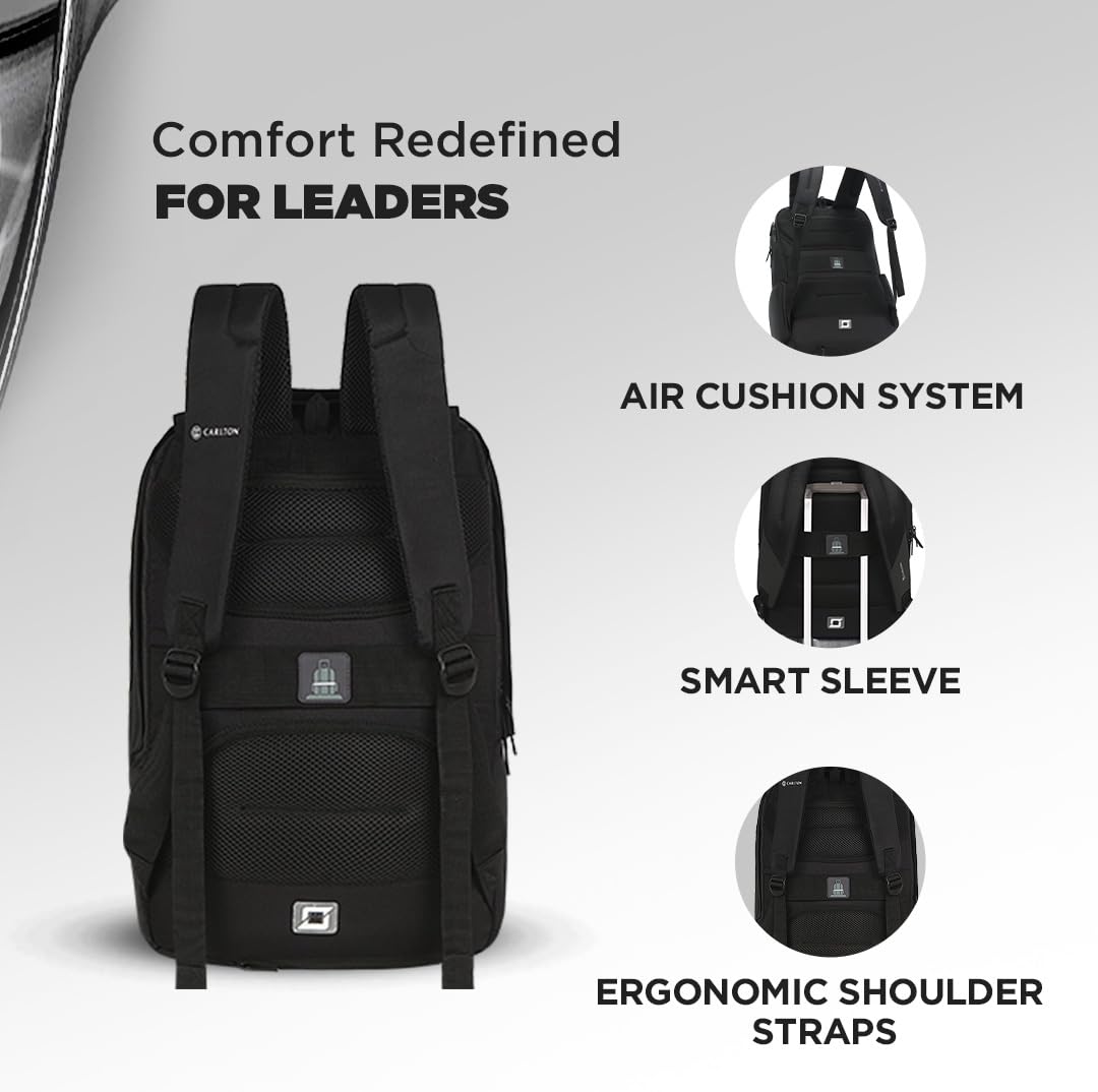 CARLTON Laptop Backpack 20L With Rain Cover, Pockets for Hard drive, Passport Pocket & Air Cushion System | Midnight Black | Dorset 03