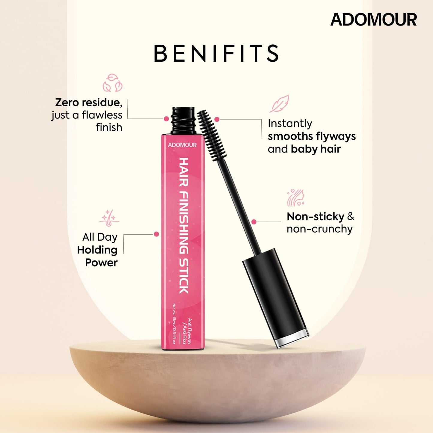 ADOMOUR Hair Finishing Stick Gel 15Ml | Anti Flyaway Stick To Tame Frizzy, Flyaways And Baby Hairs For Sleek And Polished Look | Non-Greasy, Non-Sticky | All Hair Types