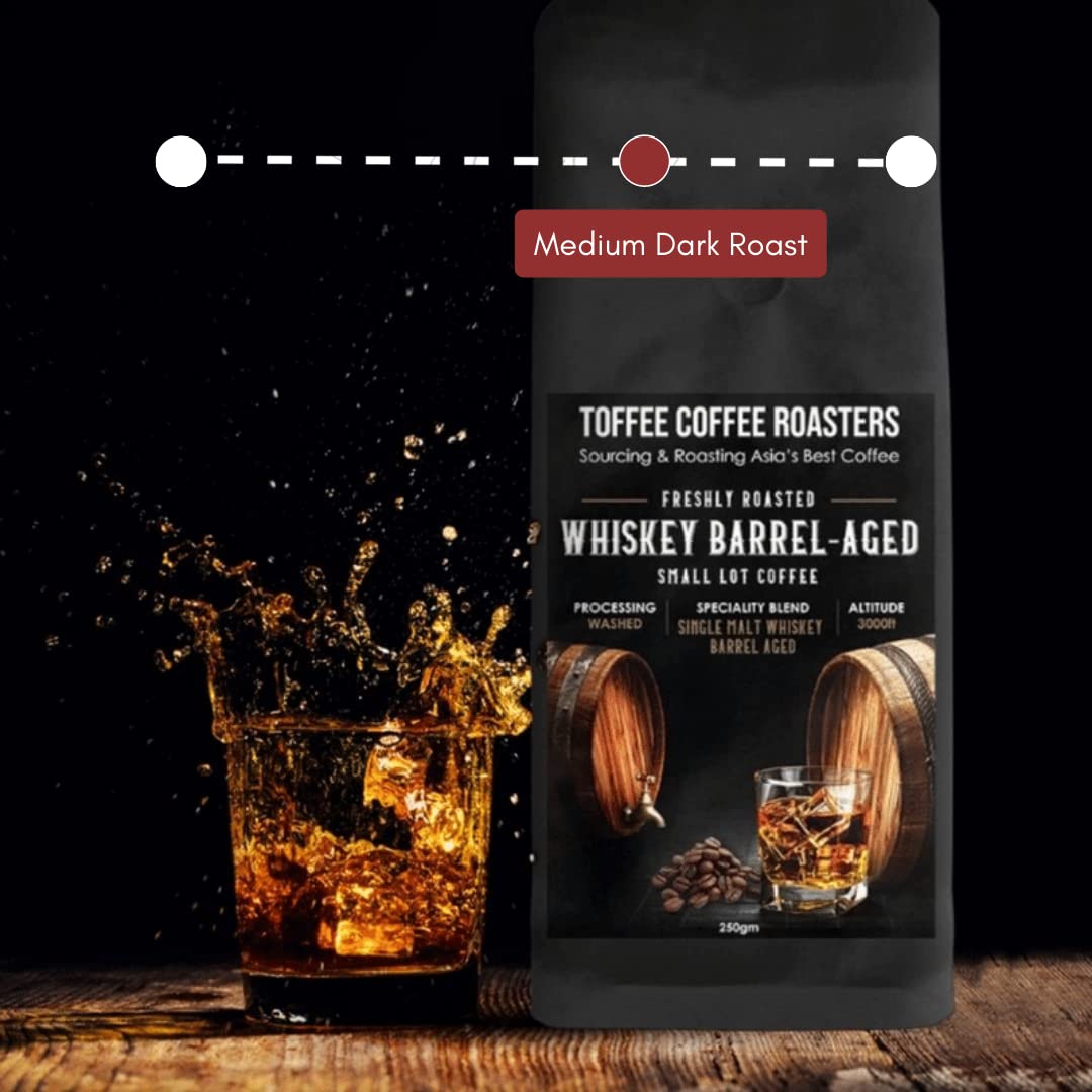 Toffee Coffee Roasters Single Malt Whiskey Barrel Aged-Whole Beans 250g | Medium Dark Roast | 100% Arabica | Specialty Coffee | Freshly Roasted | Notes: Fine Malt and Green Apple