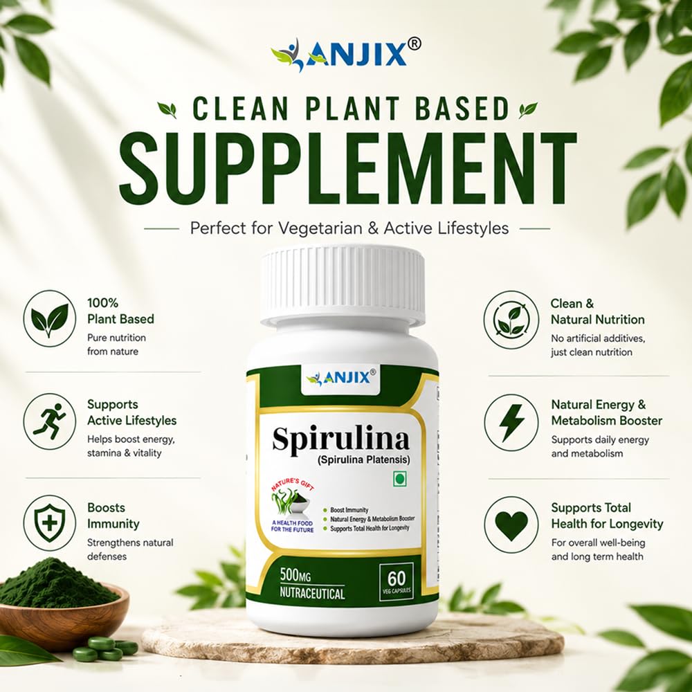 ANJIX Spirulina 500 mg Veg Capsules | Plant Based Superfood Supplement for Energy Immunity & Daily Wellness | 60 Capsules