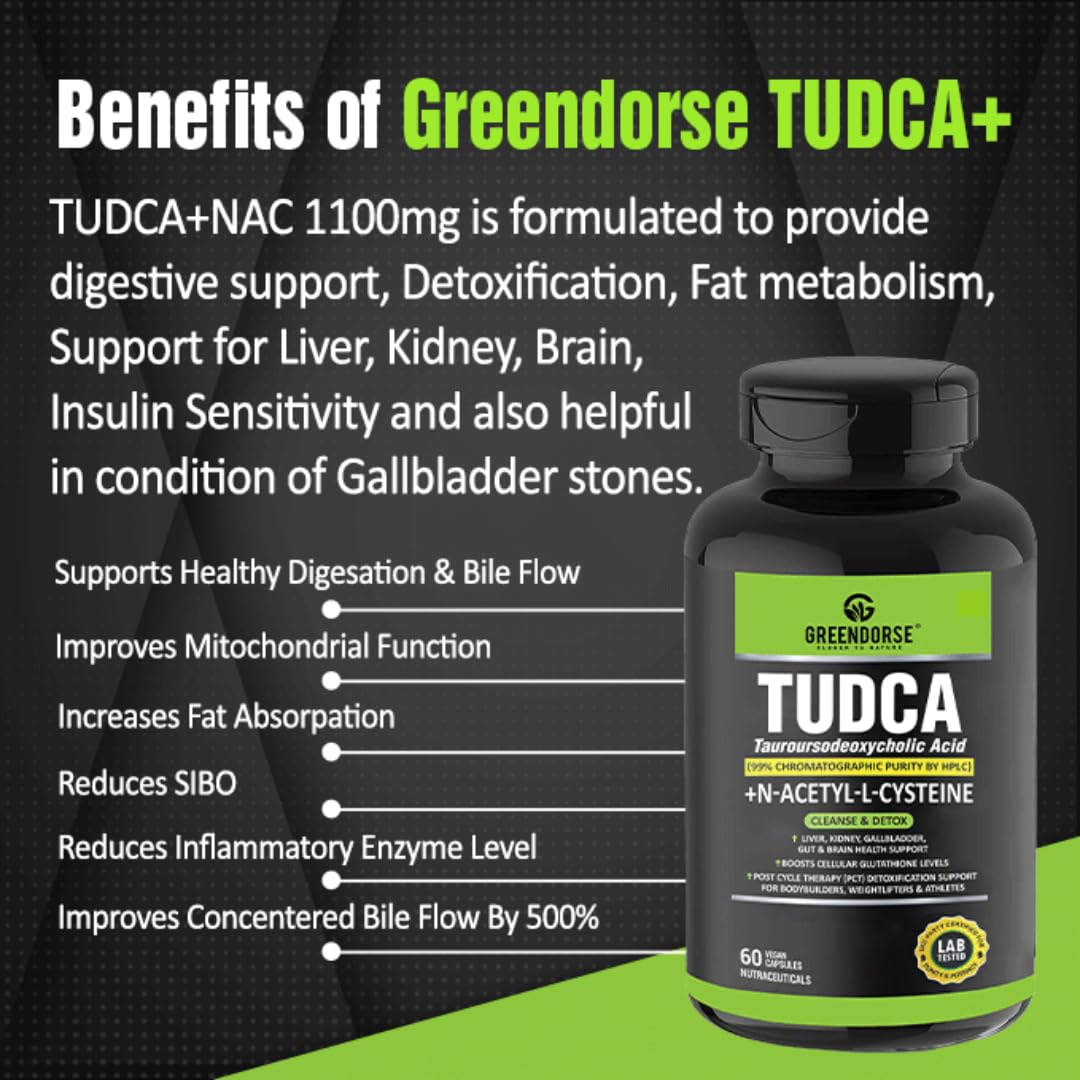 GREENDORSE TUDCA + NAC (N-Acetyl cysteine) supplement 99% purity| Liver, Kidney, Heart, all Organs Support| On/Post Steroid & Supplementation Cycle Support for Bodybuilders, Weightlifters & Athletes- 60 Capsules