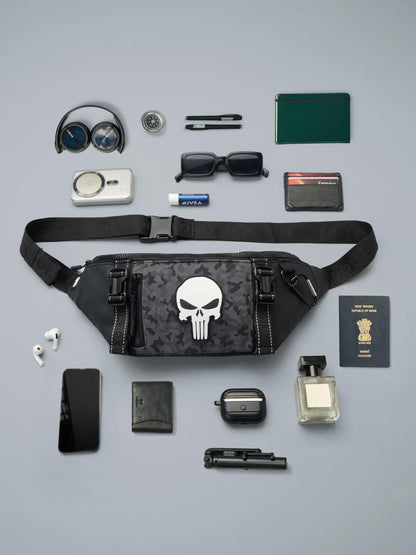 The Souled Store Marvel Punisher Utility Gear Fanny Pack Crossbody Sling Bag 4L Spacious Durable PU with Adjustable Strap Travel Daily Use Waist Bag for Men and Women