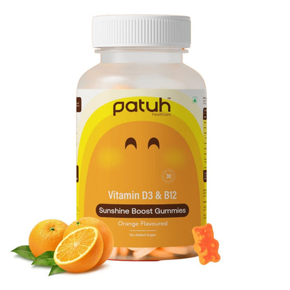 Patuh Healthcare Vitamin D3 & B12 Gummies for Men & Women, Immunity & Bone Health, Reduces Fatigue, Vitamin B12 Supplements, 100% Veg, Sugar Free (Orange Flavour, 30 Gummies)
